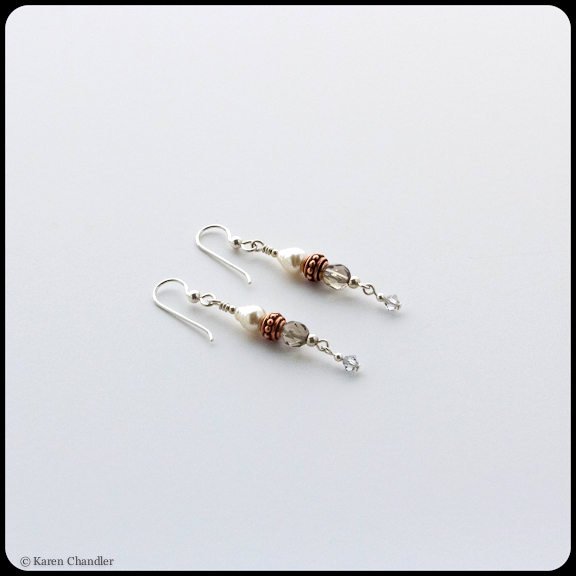 Earrings with glass beads and pearls, copper plated pewter, Austrian crystal, sterling silver earwires
