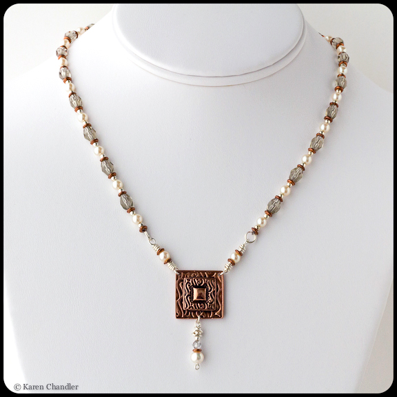 square copper metal clay pendant with glass beads and pearls
